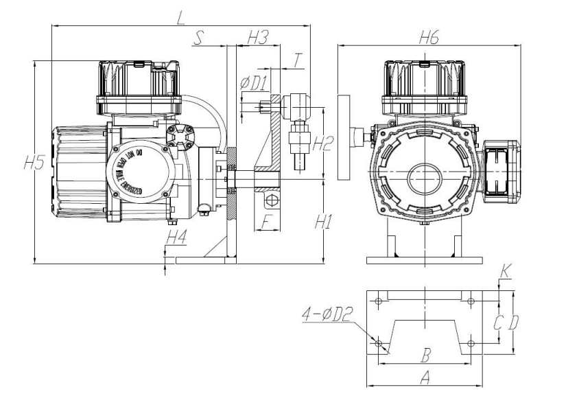 Габаритный чертеж электропривода серии BJ-IIC/BJM-IIC с кронштейном